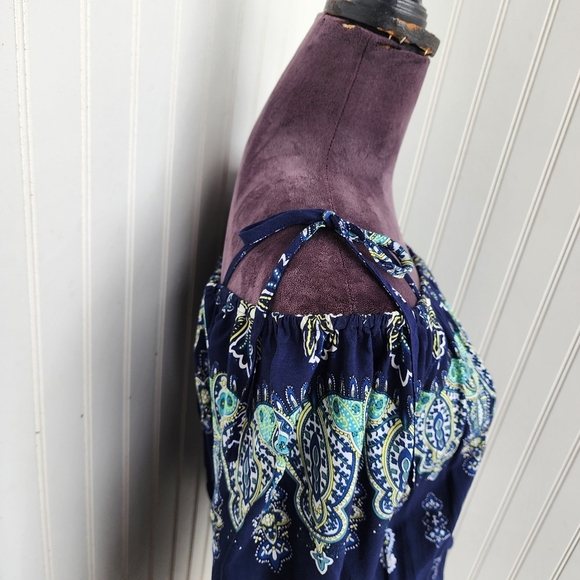 Kori America White Navy Blue Romper Off The Shoulder Tie Paisley Rayon Sz M - Picture 7 of 16